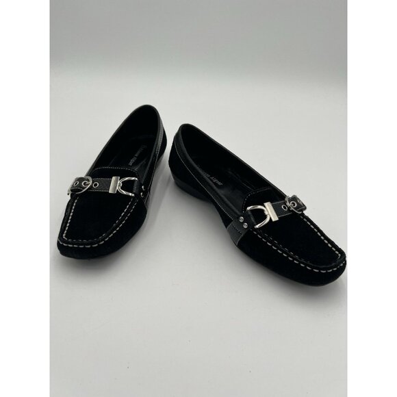 Etienne Aigner Women's Black Suede Leather Loafers With Buckle Accents Size 7 - Picture 12 of 16